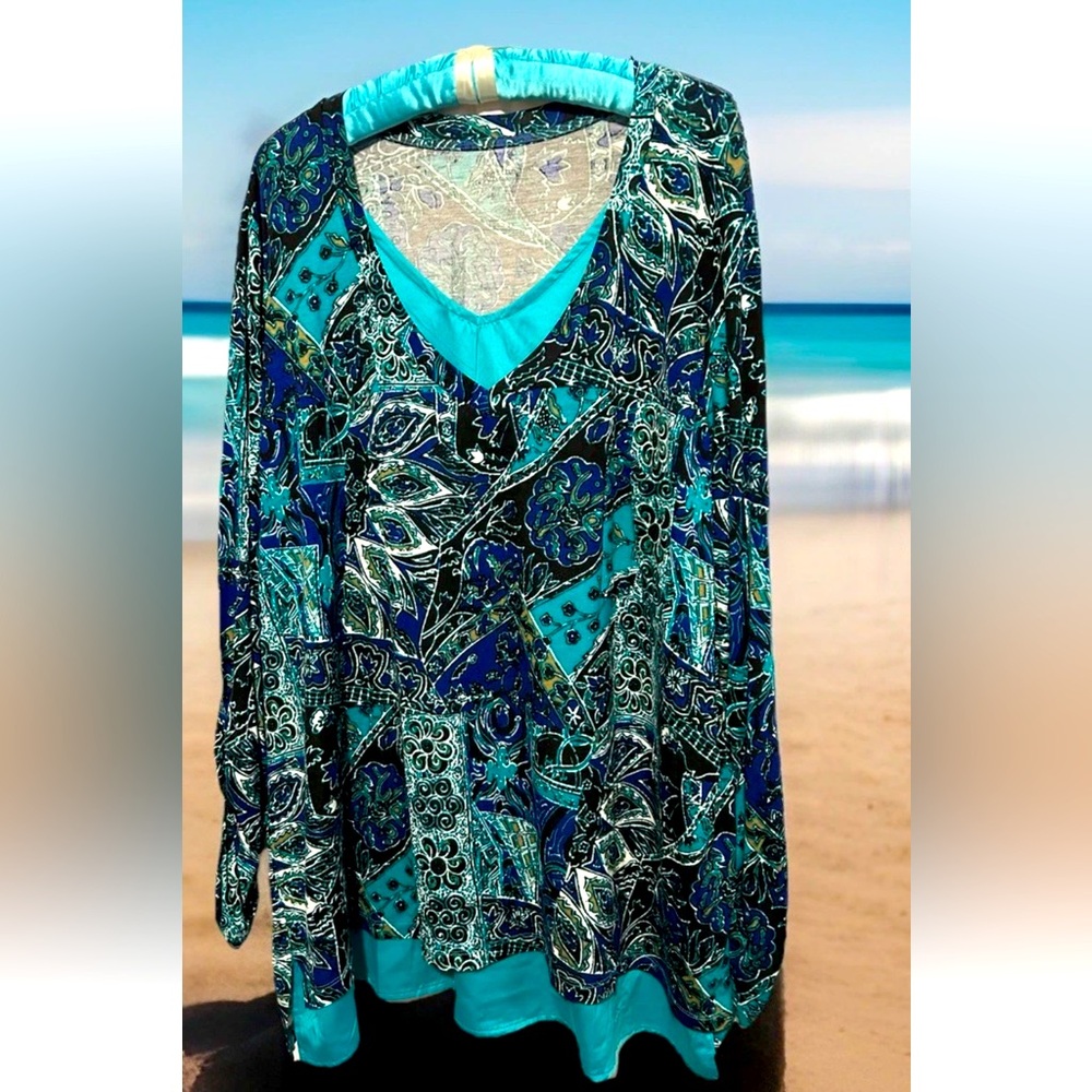Westbound Woman Top 2X Cute Blue Teal Artsy Boho Lagenlook Tunic Shirt Blouse